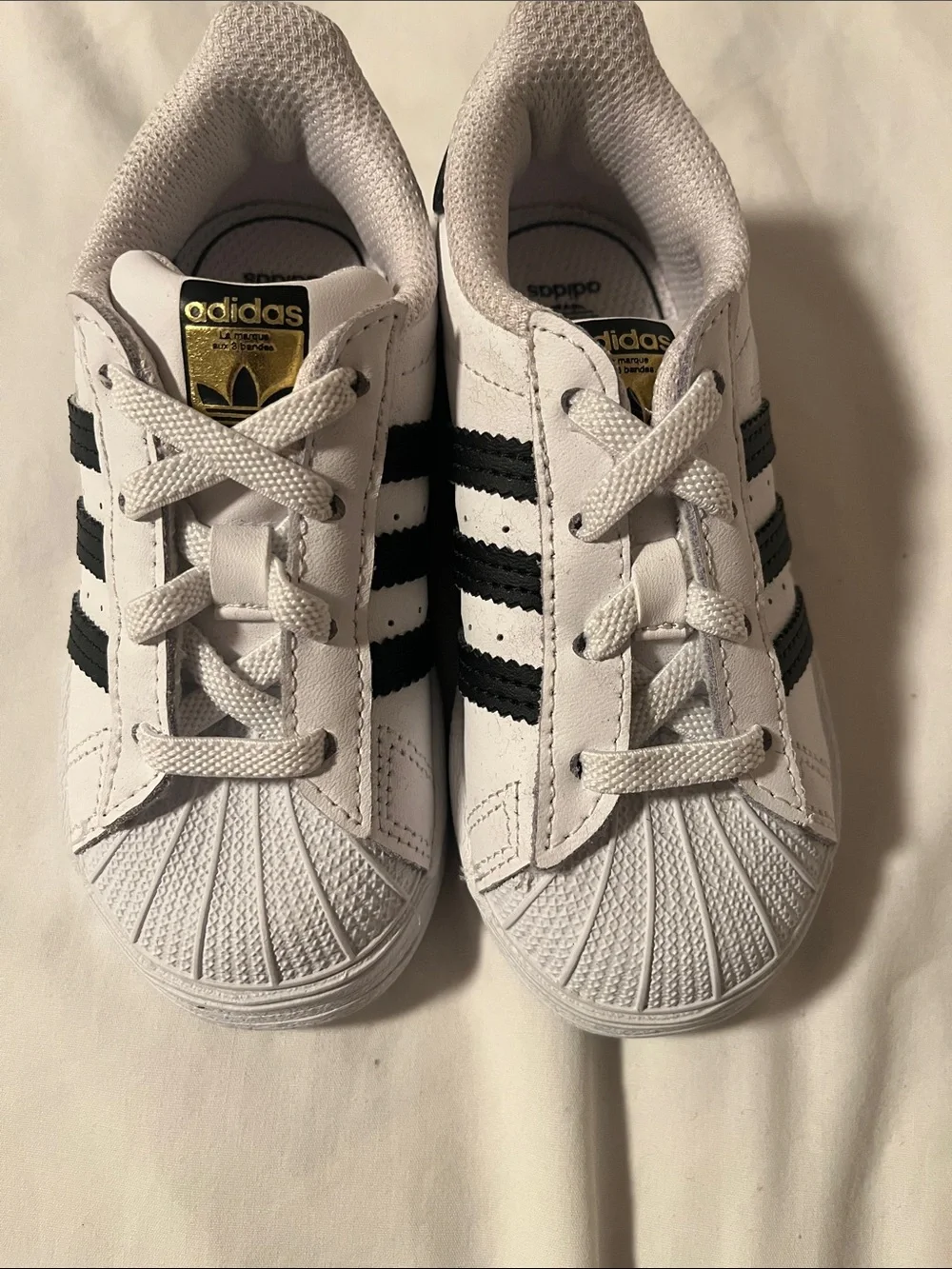 adidas Superstar Kids White & Black Shell Toe Sneakers with Gold Tongue Tab